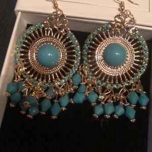 Boho round dangly earrings teal and gold